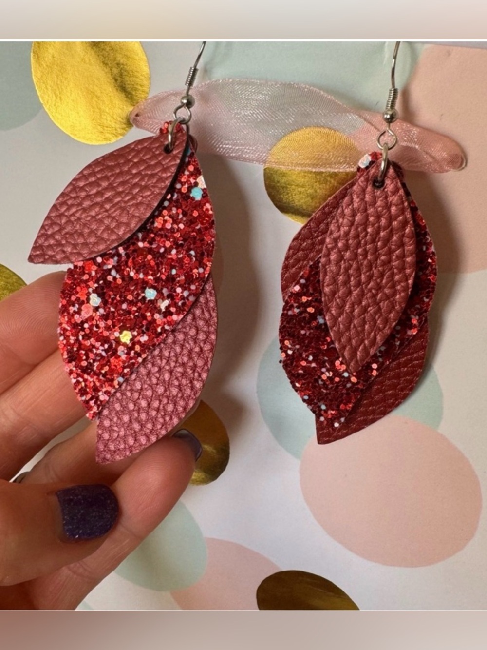 NWT Red Layered Leaf Glitter Drop Earrings